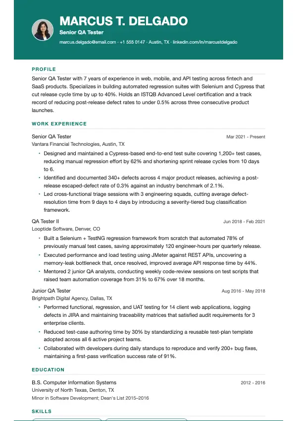 QA-tester CV-eksempel