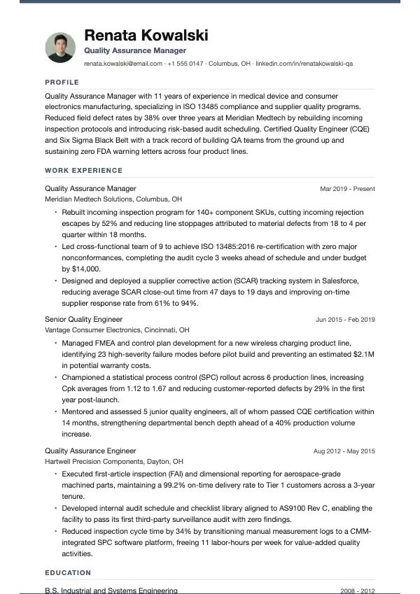 Przykład CV, Menedżer zapewnienia jakości