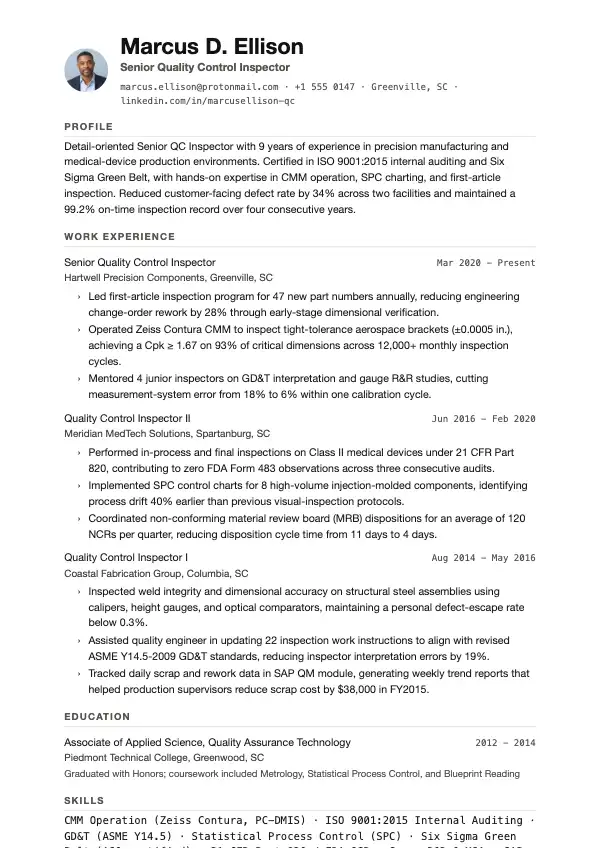 Kvalitetsinspektør CV-eksempel