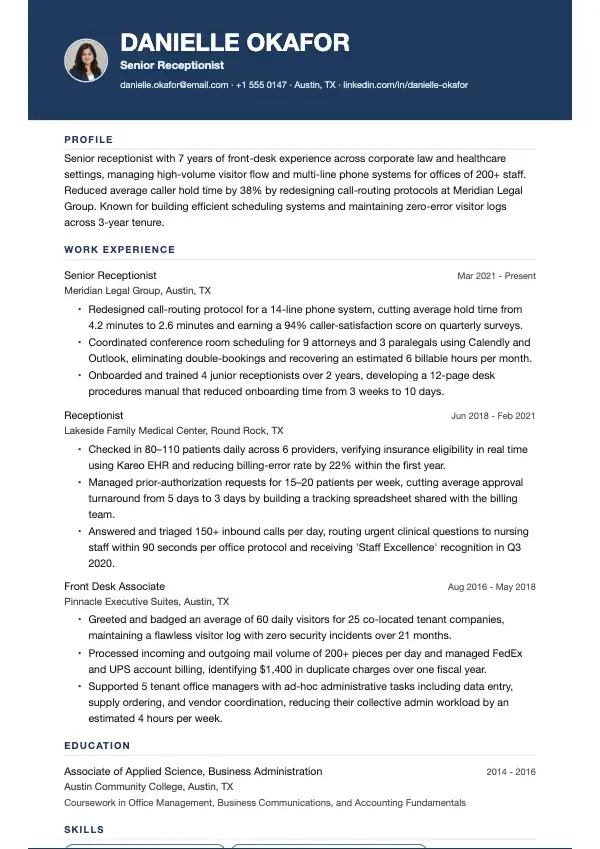Przykład CV, Recepcjonista