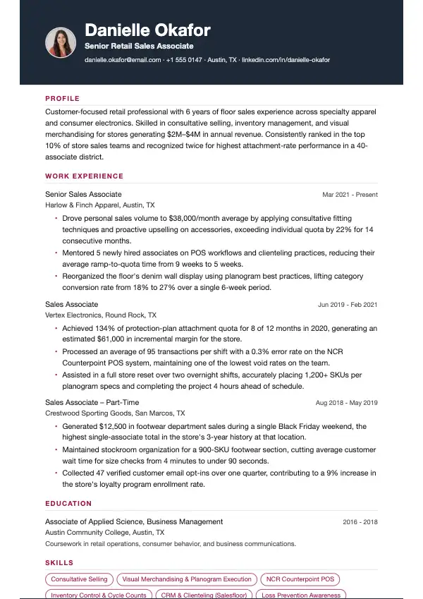 Przykład CV, Sprzedawca