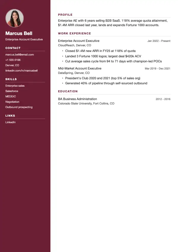 Przykład CV, Przedstawiciel handlowy