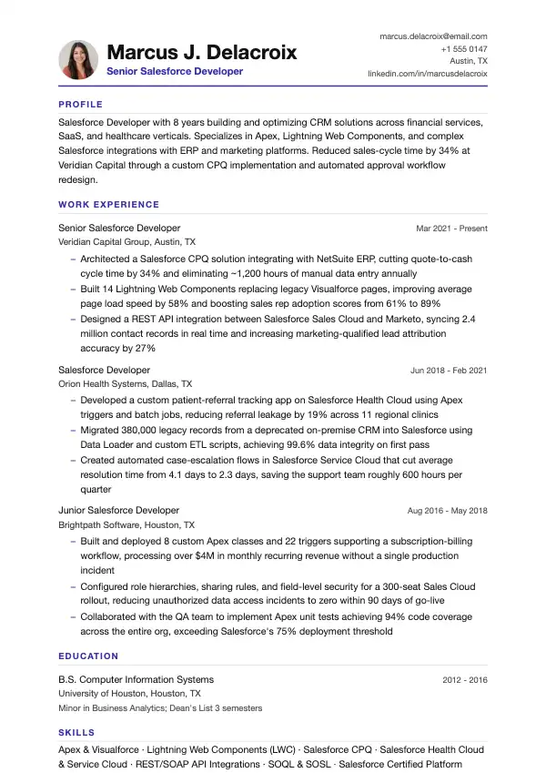Przykład CV, Programista Salesforce