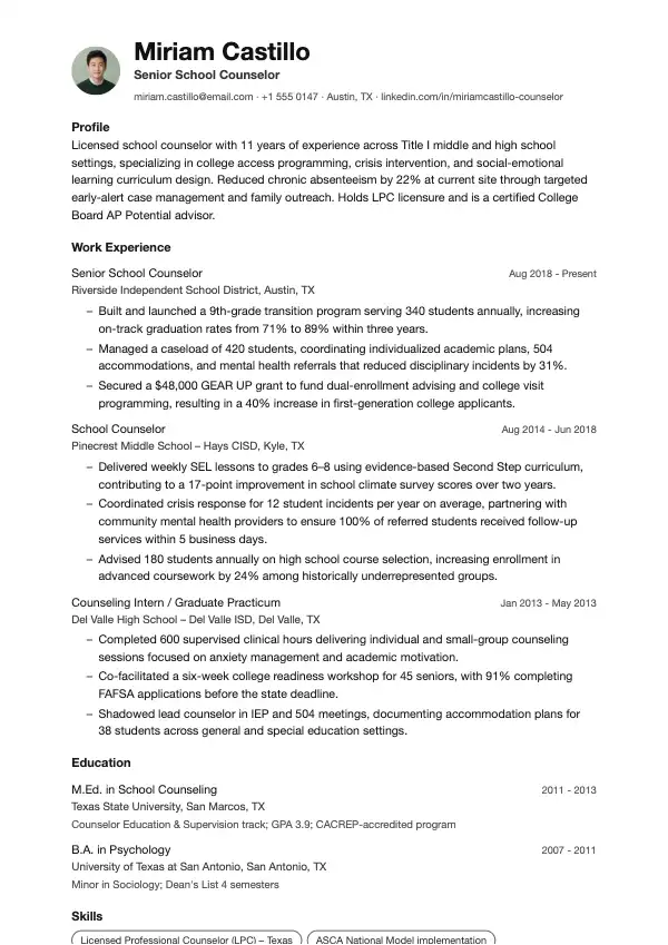 Przykład CV, Pedagog szkolny