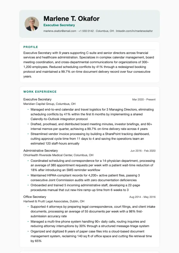 Przykład CV, Sekretarka / Sekretarz