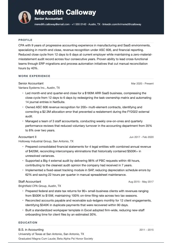 Senior regnskabsmedarbejder CV-eksempel