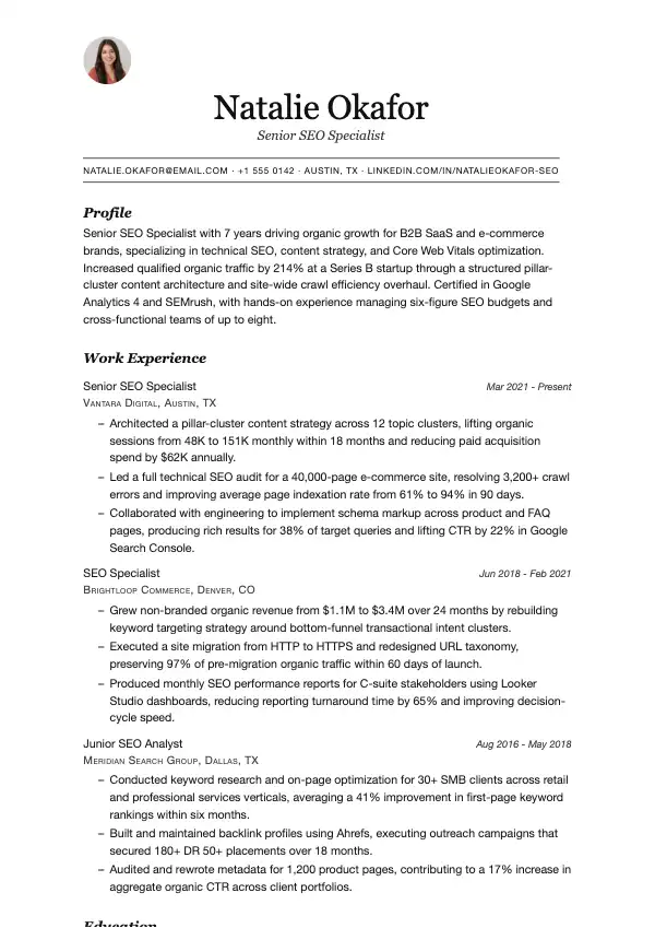 SEO-specialist CV-eksempel