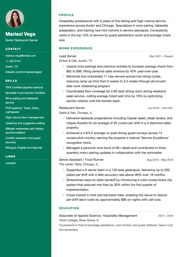 Przykład CV, Kelner