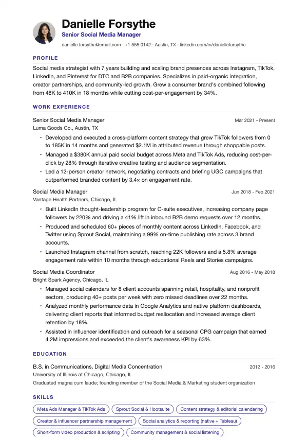 Przykład CV, Menedżer mediów społecznościowych