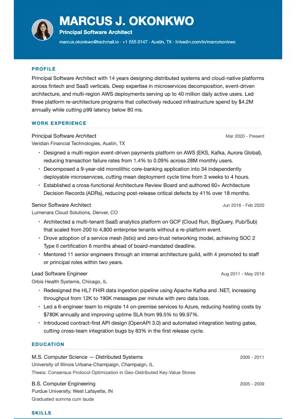 Przykład CV, Architekt oprogramowania