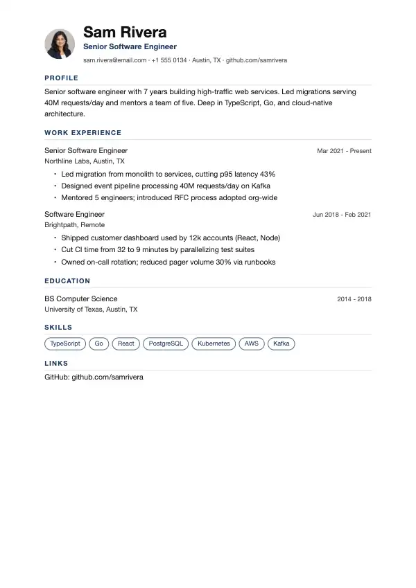 Softwareingeniør CV-eksempel