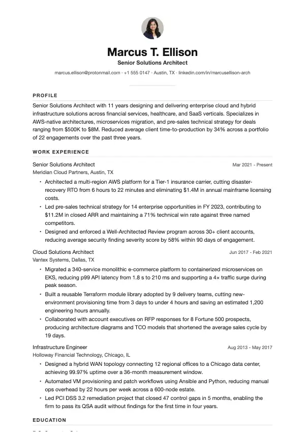 Przykład CV, Architekt rozwiązań