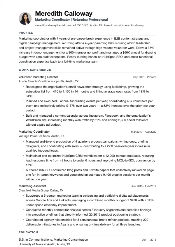 Hjemmegående forælder, der vender tilbage til arbejdsmarkedet CV-eksempel