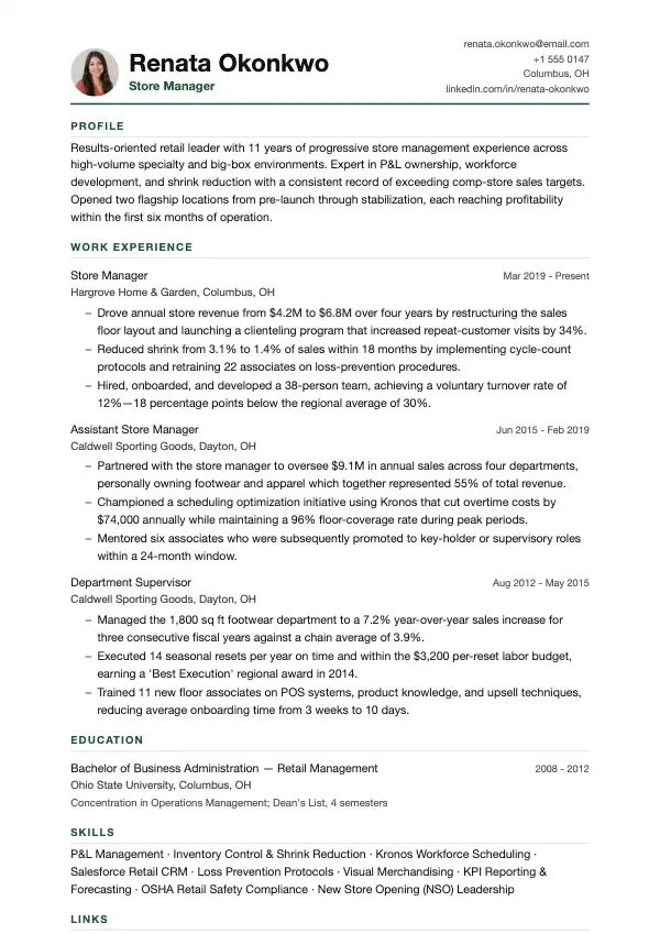 Przykład CV, Kierownik sklepu