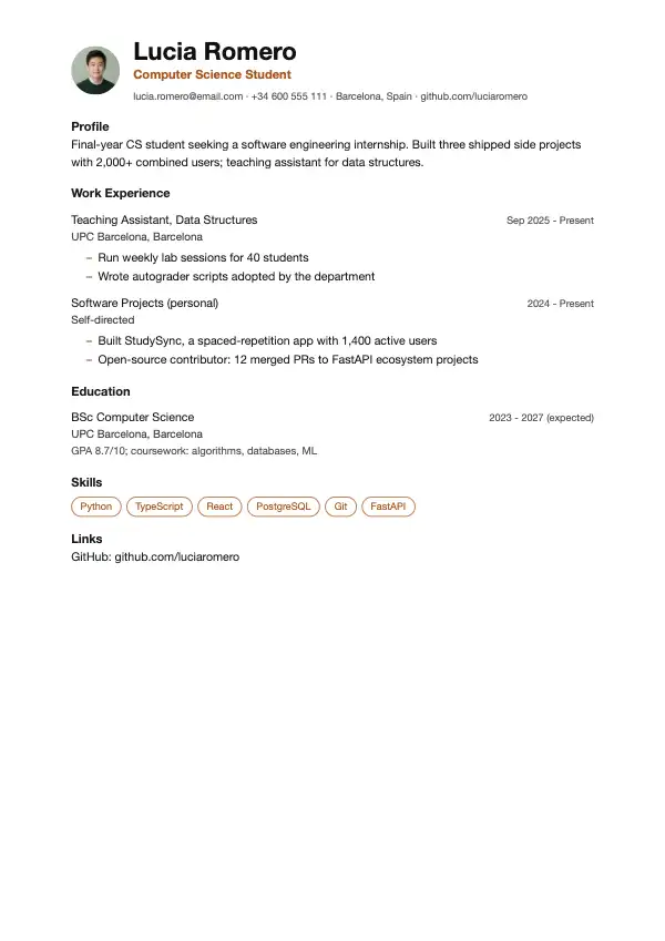 Przykład CV, Student / Staż