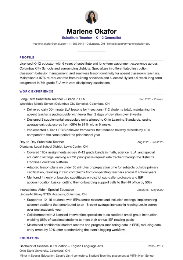 Vikarlærer CV-eksempel