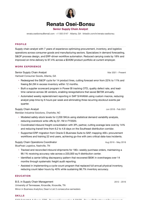 Supply chain-analytiker CV-eksempel