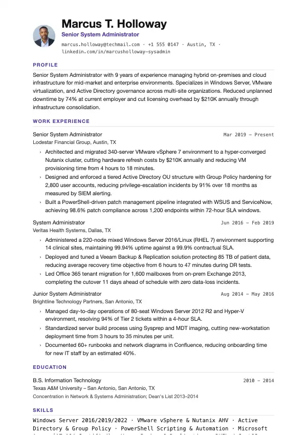Systemadministrator CV-eksempel