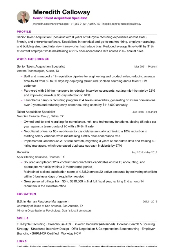 Talent Acquisition Specialist CV-eksempel