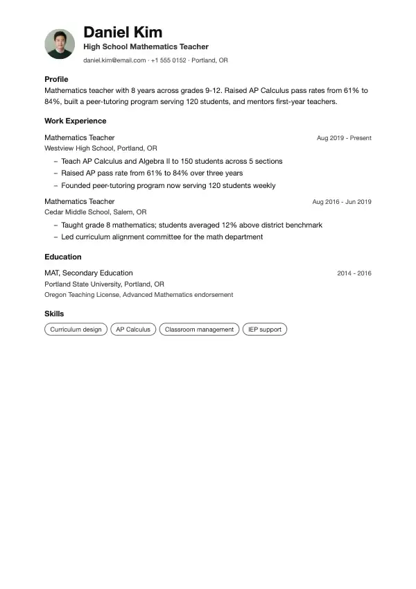 Przykład CV, Nauczyciel