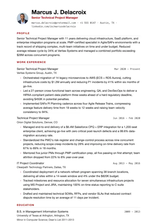 Teknisk projektleder CV-eksempel