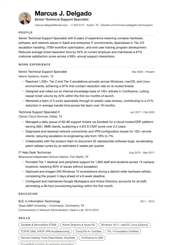 Teknisk supportspecialist CV-eksempel