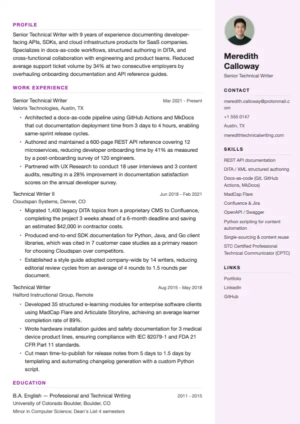 Przykład CV, Redaktor techniczny