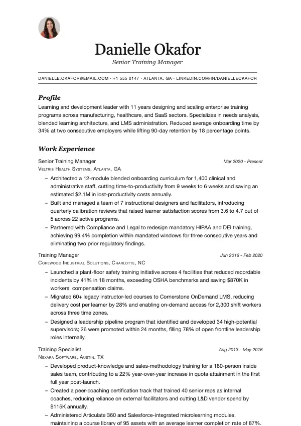 Przykład CV, Kierownik szkoleń