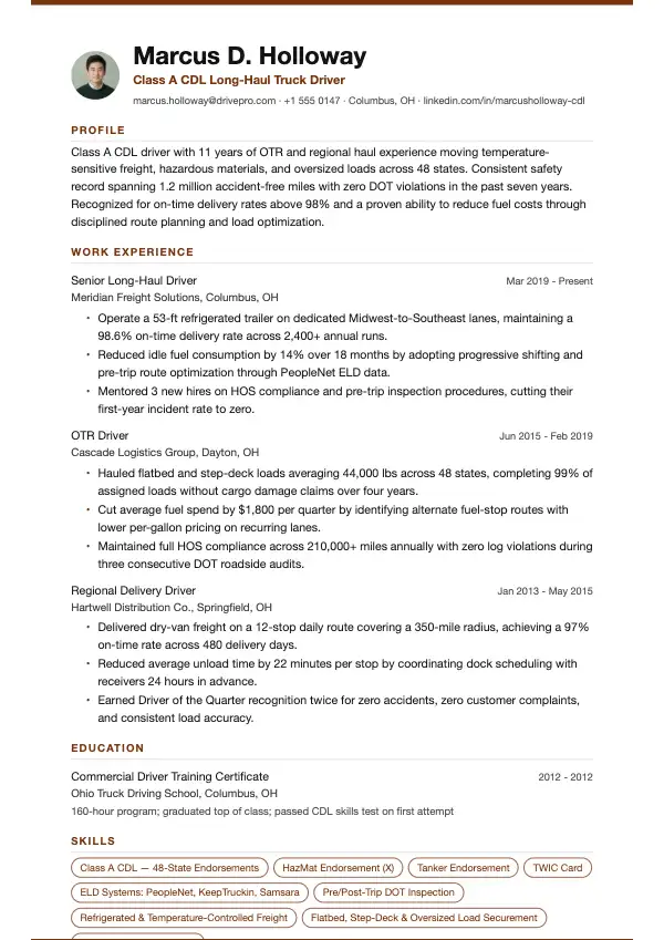 Lastbilchauffør CV-eksempel