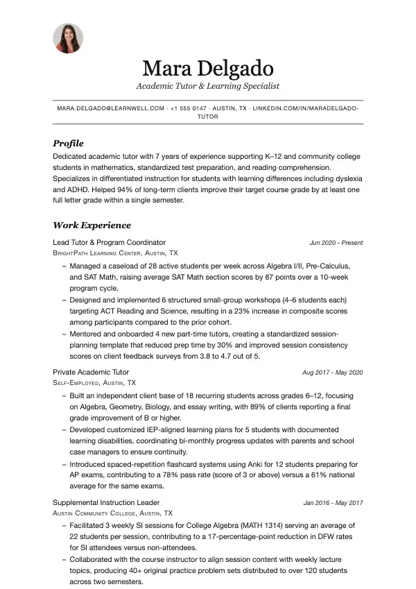 Przykład CV, Korepetytor