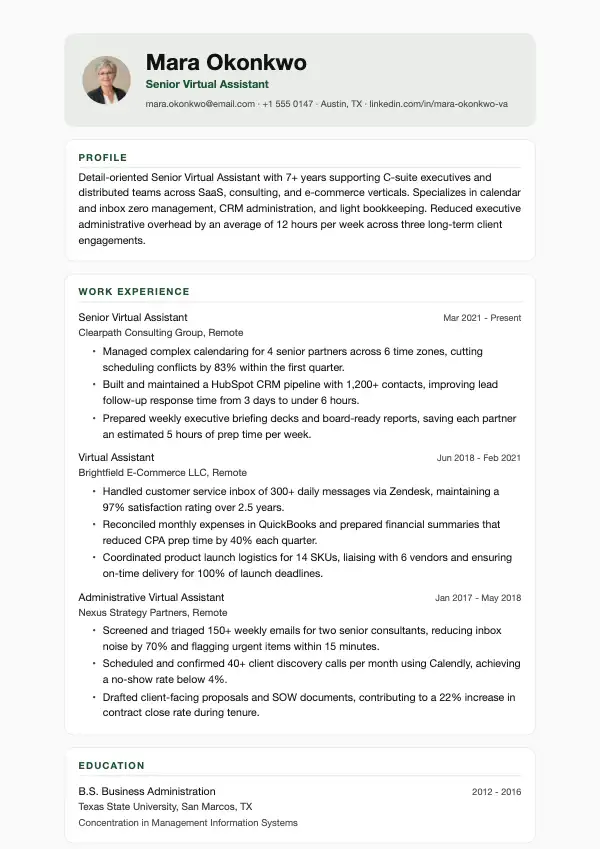 Virtuel assistent CV-eksempel