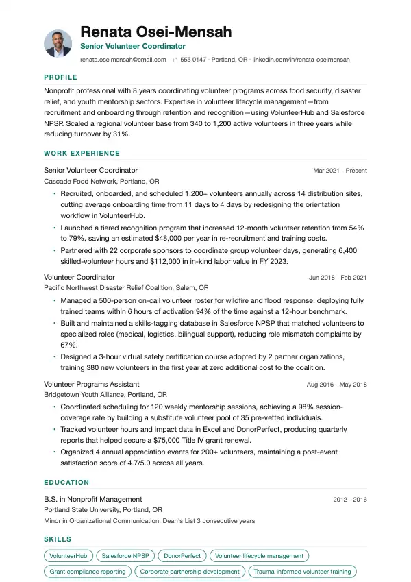 Przykład CV, Koordynator wolontariatu