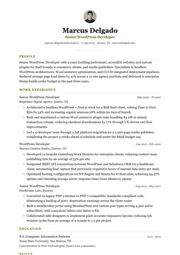 WordPress-udvikler CV-eksempel