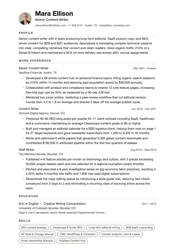 Przykład CV, Pisarz